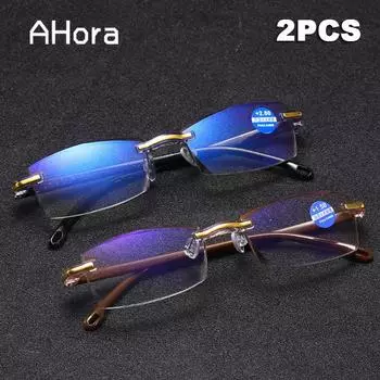 2PCS Men Women Rimless Reading Glasses Anti Blue Light Far Sighted Magnification Eyewear Presbyopic Glasses +100 +150 +200 +250 +200