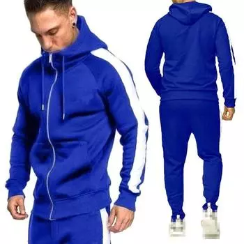 2pcs Mens Tracksuit Set Zip Hooded Coat Bottoms Trousers Gym Joggers Suit Sport Blue,L