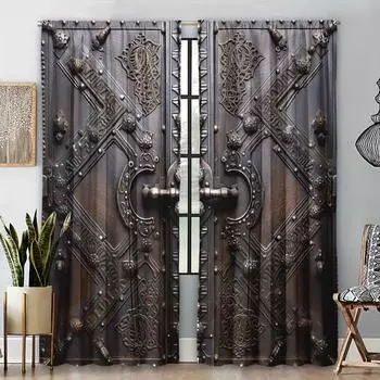 2pcs Metal Wooden Accessories Wooden Door Printed Curtains Living Room Bedroom Decoration 3D Digital Printing Curtain Home Decor (50Wx50H)x2(CM)&Rod Pocket