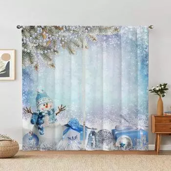 2pcs Modern Blue Christmas Theme Curtains, Christmas Decoration,Polyester Rod Pocket Design, Machine Washable Window Drapes 2x50W160H(CM)40x63in&Hook