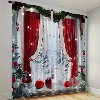 2pcs Modern Contemporary Style Polyester Christmas Curtains for Living Room Exquisite Tree and White Patterns Machine Washable 2x50W160H(CM)40x63in&Hook