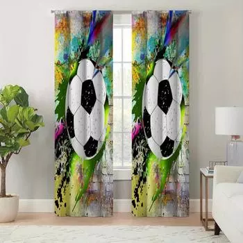 2pcs Modern Minimalist Style Living Room Bedroom Decor Curtains, Football Pattern Print Curtains, Four Seasons Charm Room Decor W60xH100(CM)x2pcs&Hook