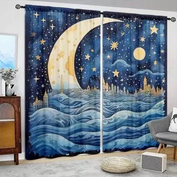 2pcs Moon Style Printed Curtain for Home Decor - Rod Pocket Window Treatment for Bedroom, Office, Kitchen, Living Room,and Study 52.5cmX116cmX2pcs