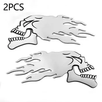 2Pcs Motorcycle 3D Flame Sticker Ghost-Skull Head Styling Festival Decoration Decals Waterproof 14*6cm CHINA