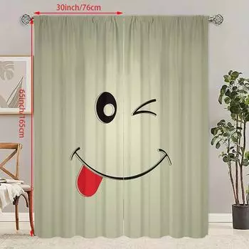 2PCS- Naughty Smiley Face - Printed curtain - Polyester material - suitable for bedroom, living room, study, private space 23Wx59L(60x150CM)x2