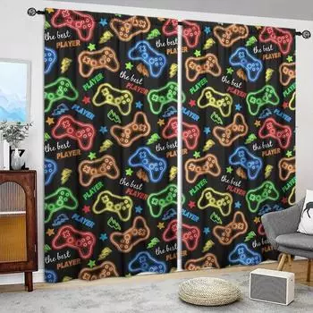 2pcs Neon GamePad Printed Curtain for Home Decor - Rod Pocket Window Treatment for Bedroom, Office,Kitchen,Living Room,and Study 52.5cmX116cmX2pcs