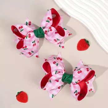 2Pcs New Cherry Hair Cilps Sweet Pink Ribbon Bow Hairpins For Girls Children Korean Style School Daily Kid Headdress Accessories