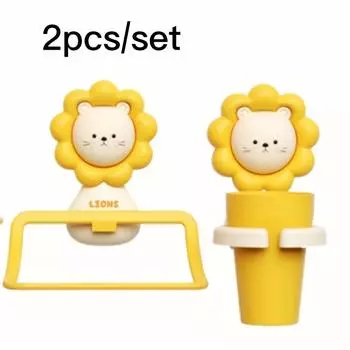 2pcs New Cute Cartoon Bathroom Set,Towel Rack and Toothbrush Cup with Mouthwash Cup Bathroom Set,No need for drilling, space saving bathroom organizer Pack Of 2 (wash Cup + Towel Rack)