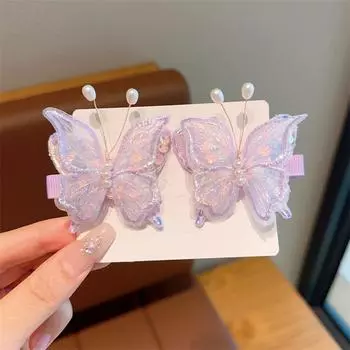 2PCS New Princess Embroidered Butterfly Lovely Girls Hairpins Children Headwear Hairgrip Hair Clips Barrettes Hair Accessories