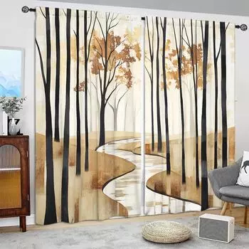 2pcs Nordic Style Watercolor Forest Printed Curtain for Home Decor - Rod Pocket Window Treatment for Bedroom, Office, Kitchen 52.5cmX116cm X 2pcs