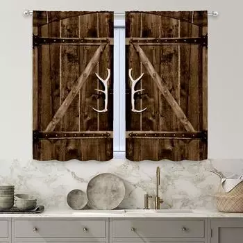 2pcs Nostalgic vicissitudes of yellow wood doors, Study Room Kitchen Living Room Dorm Room Rod Pocket Top Window Drapes, Bedroom W30H65inchW75H166cm