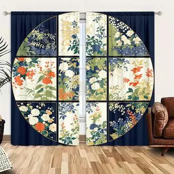 2pcs Painting of Flowers and Plants in Traditional Chinese Style Printed Curtain for Home Decor - Rod Pocket Window Treatment 52.5cmX116cm X 2pcs