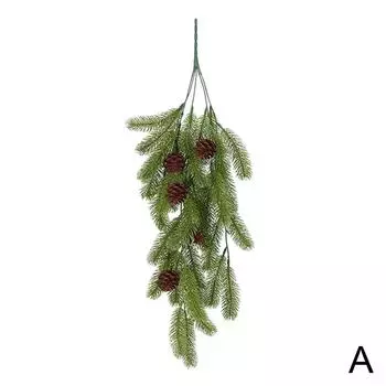 2PCS Pine Needles Pine Cones Vine Hanging Branches Cute Door Swag Winter Simulated Plants Ratta E8O1 Green-2pcs