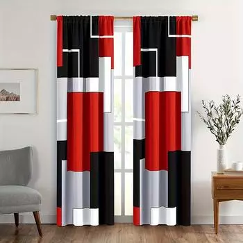 2pcs Plaid Pattern Curtains, Rod Pockets Window Treatment, Suitable For Living Room Bedroom Decor, Red White Grey Black Curtains 150x166cm
