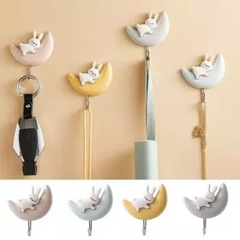 2Pcs Punch-free Rabbit Hook Wall Hanging Bunny Sticky Hooks Cute Cartoon Moon Rabbit Hooks Bedroom синий