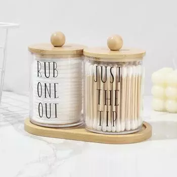 2pcs Qtip Holder with Tray, Apothecary Jars Bathroom Accessories Bathroom Canisters Organizer Box for Cotton Ball Round Swab Pad чистый