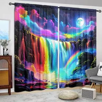 2 шт. занавески с принтом «Радужные водопады» для домашнего декора — оконные карманы с карнизом для спальни, офиса, кухни, гостиной 52.5cmX116cm X 2pcs