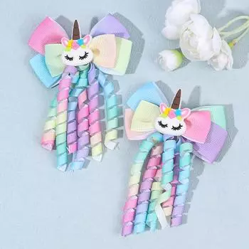 2Pcs Rainbow Unicorn Hair Clip Cute Curly Ribbon Tassel Magical Bow Hairpin For Kids Girls Party Daily Use Headwear Accessories