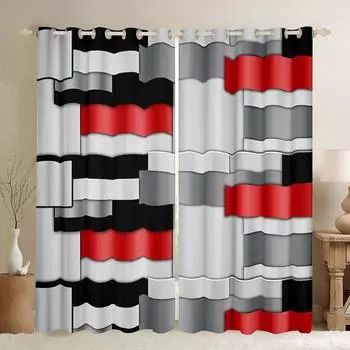 2pcs Red Black Grey Geometric Kitchen Curtains Rod Pocket Abstract Square Modern Kitchen Decor White Multicolor Checkered Patter 2x50W100H(CM)&Grommet Top