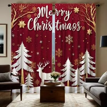 2pcs Red Christmas Ball Print Curtains Soft Microfiber Rod Pocket Design For Easy Hanging Perfect For Living Room Bedroom Study 100W130H(CM)&Grommet Top