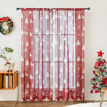 2PCS red Christmas curtains and window screens are suitable for decorating living rooms, bedrooms, and home decor 132x160cm&Fixed Pleat