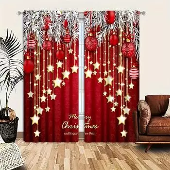 2pcs red Christmas theme printing living room bedroom study room high blackout curtain set with rod type and eyelets 150x166cm&Grommet Top