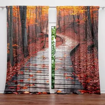 2pcs Red Maple Forest Trail Printed Curtain for Home Decor - Rod Pocket Window Treatment for Bedroom, Office, Kitchen 52.5cmX116cm X 2pcs