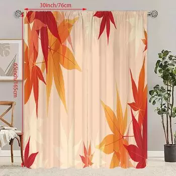 2PCS- Red Maple Leaf - printed curtain - Polyester material - suitable for bedroom, living room, study private space 23Wx59L(60x150CM)x2