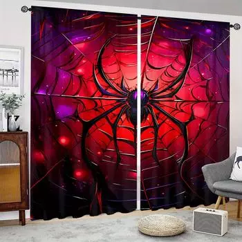 2pcs Red Spider Web HD Digital Printed Curtains Home Decor Living Room Bedroom Rod Pocket Curtains Study Window Office Home Deco 2x50W130H(CM)&rod pocket