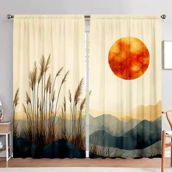 2pcs Reeds Under the Sunset Printed Curtain for Home Decor - Rod Pocket Window Treatment for Bedroom, Office, Kitchen 52.5cmX116cm X 2pcs