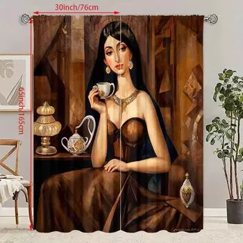 2pcs- Retro beauty printed curtain - Polyester material - suitable for bedroom, living room, study, private space 30Wx65L(76x165CM)x2