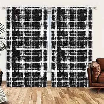 2 шт. Ретро черно-белая сетчатая занавеска с принтом для домашнего декора - Карманная оконная отделка для спальни, офиса, кухни 52.5cmX116cm X 2pcs