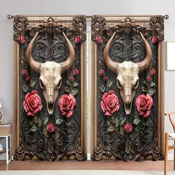 2 шт. шторы в стиле ретро с принтом в виде головы быка для домашнего декора - оконные карманы для спальни, офиса, кухни 52.5cmX116cm X 2pcs