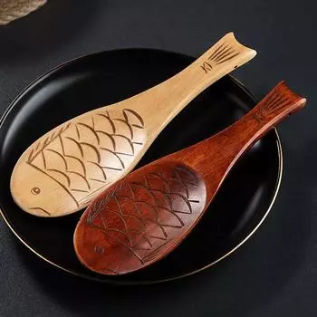 2Pcs Rice Spoon Wood Kitchen Spoon Ladle Rice Spatula Cute Fish Shape Rice Scoop Wooden Spoon for Cooking Kitchen Utensils Tools