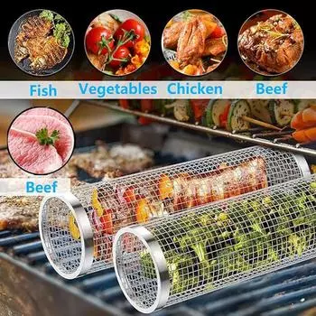 2PCS Rolling Grill Baskets for Outdoor Grilling - Round Grilling Accessories BBQ Large Vegetable Grill Cage Cylinder Stainless S
