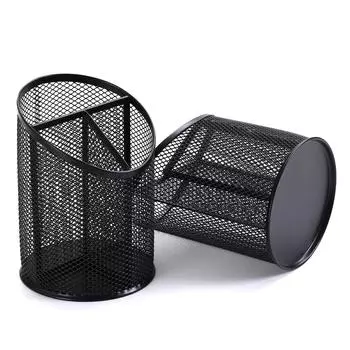 2 шт. Круглый стальной сетчатый контейнер для ручек, стаканчики для карандашей, держатель для карандашей, настольный контейнер для хранения для домашнего офиса B чёрный