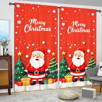 2pcs Santa Claus Illustration Printed Curtain for Christmas Home Decor -Rod Pocket Window Treatment for Bedroom, Office, Kitchen 52.5cmX116cm X 2pcs