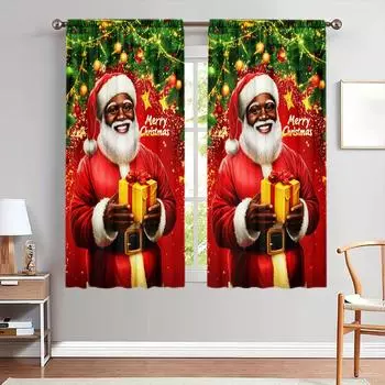 2pcs Santa Claus Printed Curtain for Christmas Home Decor - Rod Pocket Window Treatment for Bedroom, Office, Kitchen 52.5cmX116cm X 2pcs