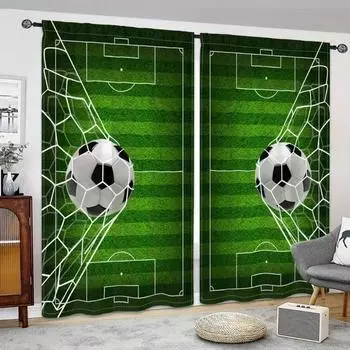 2pcs Semi-shading Polyester Football Patterns Rod Pocket Curtains For Living Room Bedroom Office Kitchen Study Home Decor 50W160H(CM)x2Panel&Hook