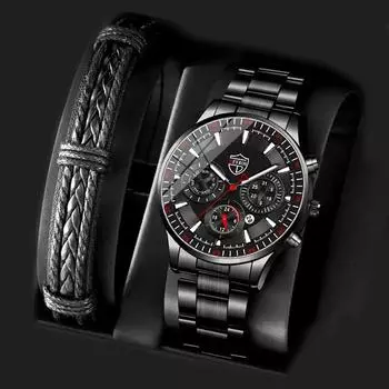 2pcs/set, 1pc Fashion Men s Casual Round Dial Stainless Steel Quartz Watch & 1pc Bracelet