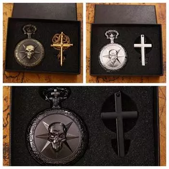 2 шт./комплект, 1 шт. Модные мужские кварцевые карманные часы, бронзовые, серебристые и черные карманные часы с черепом и 1 шт. Ожерелье с крестом, идеальный подарок для мужчины. бронзовый