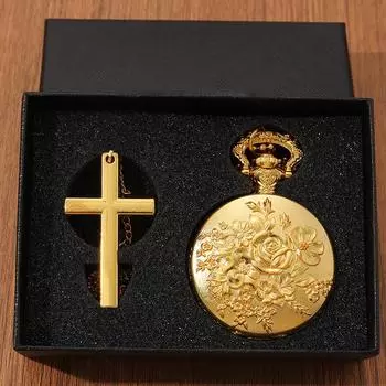 2pcs/set,1PC Fashion Men s ‘rose Pattern Design’quartz Pocket Watch & 1PC Mens Classic Golden Cross Necklace Pendant, Ideal Choice for Gifts