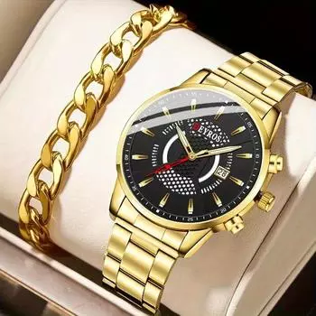 2pcs/set, 1pc Men s Fashion Business Calendar Quartz Watch & 1pc Stainless Steel Bracelet Set, Ideal Choice for Gifts