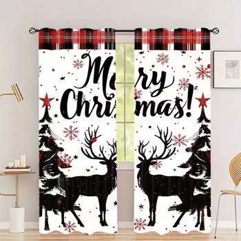 2pcs Set Cartoon Santa Snowman Christmas Curtains Semi-Blackout Heat Insulation Rod Pocket Design for Room Bedroom Living Room (W50cmxH130cm)x2&Rod Pocket