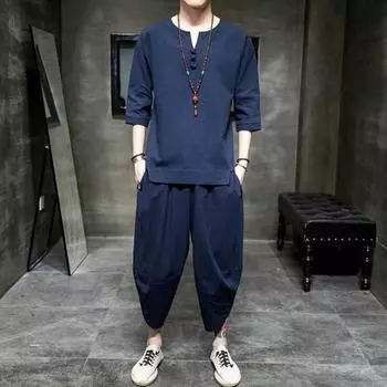 2 шт./комплект в китайском стиле, наряд с круглым вырезом, пряжкой-диском, половинной планкой, 45355, топы с длинными рукавами, комплект из однотонных брюк M чёрный