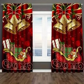 2pcs/Set Christmas Bell Curtain, Home Living Room Decoration Semi Polyester Privacy Protection Curtain For Bedroom Living Room 2x50W160H(CM)40x63in&Hook