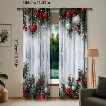 2pcs Set Christmas Tree & Ball Printed Curtains - Rod Pocket Design, Polyester, Perfect for Living Room, Kitchen, Bedroom, and D 2x50W130H(CM)40x51in&Hook