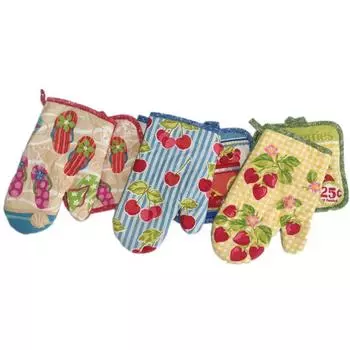 2Pcs/set Cotton Insulation Pad + Glove Heat Resistant Potholder Cherry Strawberry Pattern Coaster Pot Table Mat M