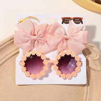 2Pcs/set Cute Girl Bow Hairclips Retro Flower Sunglasses Printing Handmade Hairgripes Kids Headwear Glasses Baby Accessories