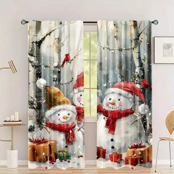 2pcs Set Cute Snowman Winter Curtains Cute Cartoon Snowman Warm Bedroom Living Room Kitchen Balcony Decoration Curtains 50W160H(CM)x2Panel&Hook